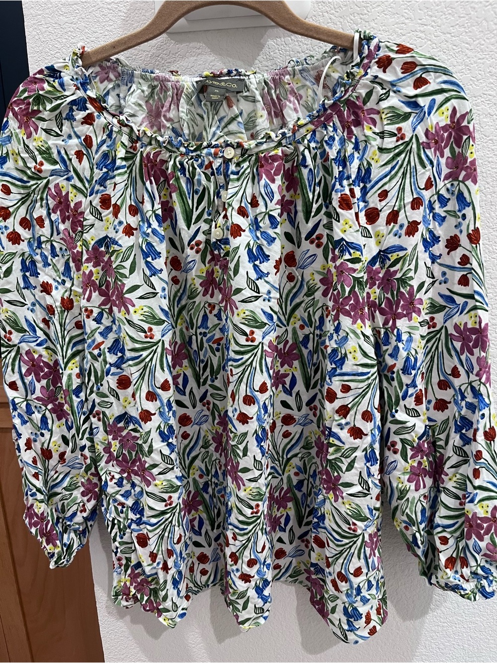 Floral Peasant Blouse - White with Multicolor Floral Print XL